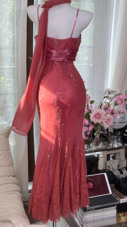 Pretty Spaghetti Straps Chiffon Lace Beaded Mermaid Evening Dress Dark Rose Pink Long Party Dress With ScarfD 2530