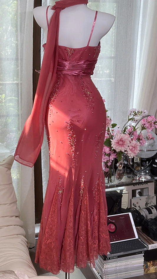 Pretty Spaghetti Straps Chiffon Lace Beaded Mermaid Evening Dress Dark Rose Pink Long Party Dress With ScarfD 2530