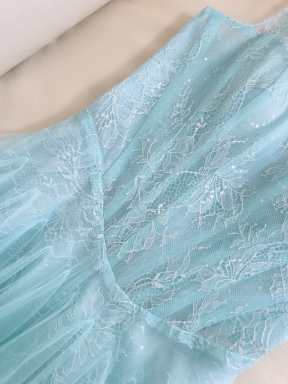 Classy Spaghetti Straps Tulle Lace A Line Evening Dress,Blue Long Wedding Guest Dress D2984