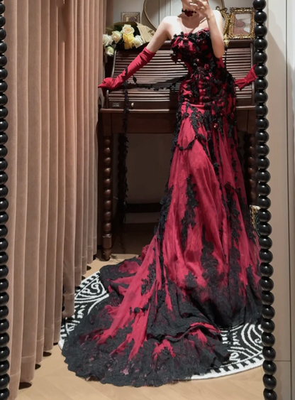 Charming Spaghetti Straps Burgundy Lace Appliques Beaded Mermaid Long Party Dress Evening Dress With Flowers D2050