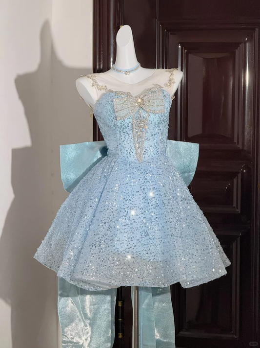 Glitter Light Blue Sequin Beaded A Line Short Homecoming Dress Birthday Outfits With Bow D3300