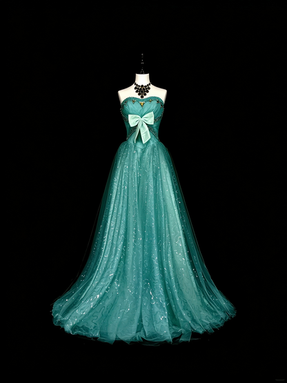 Vintage Sweetheart Neck Green Tulle Sequin Beaded Long Party Dress Evening Dress D5372