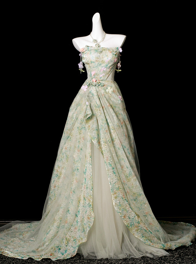 Elegant Green Print Tulle Strapless Flower Prom Dress Long Evening Gown D2969
