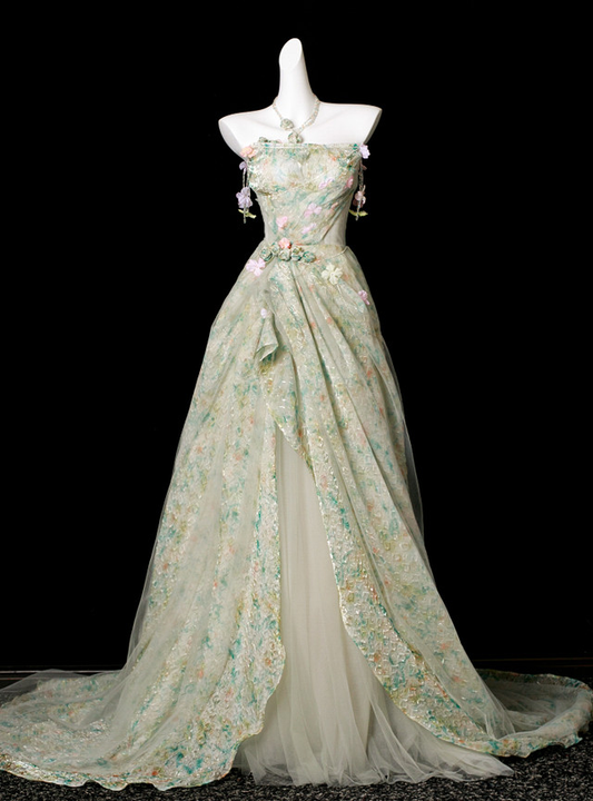 Elegant Green Print Tulle Strapless Flower Prom Dress Long Evening Gown D2969