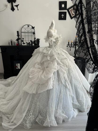 Gorgeous White Tulle Lace Beaded Long Wedding Dress,Off The Shoulder Bridal Dress D3698