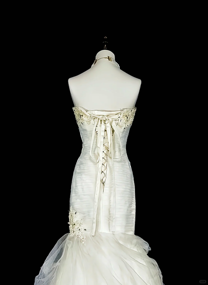 Elegant Strapless White Satin Pleated Tulle Appliques Mermaid Long Wedding Dress D5381