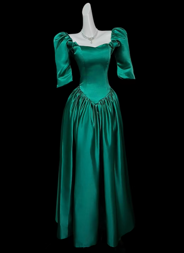 Vintage Satin A Line Long Wedding Guest Dress,Formal Green Long Party Gown D4179
