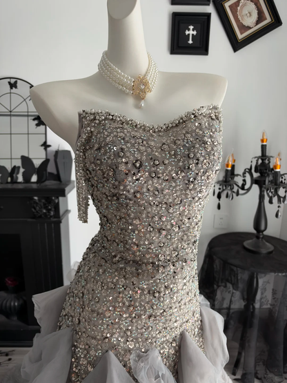 Gorgeous Silver Gray Tulle Rose Floral Sequin Beaded Mermaid Long Party Dress Evening Dress D4708