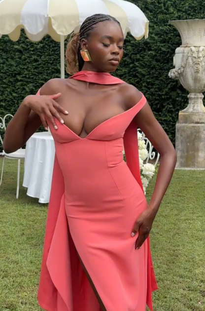 Elegant V Neck Coral Pink Side Slit Mermaid Long Wedding Guest Dress Party Dress D1626