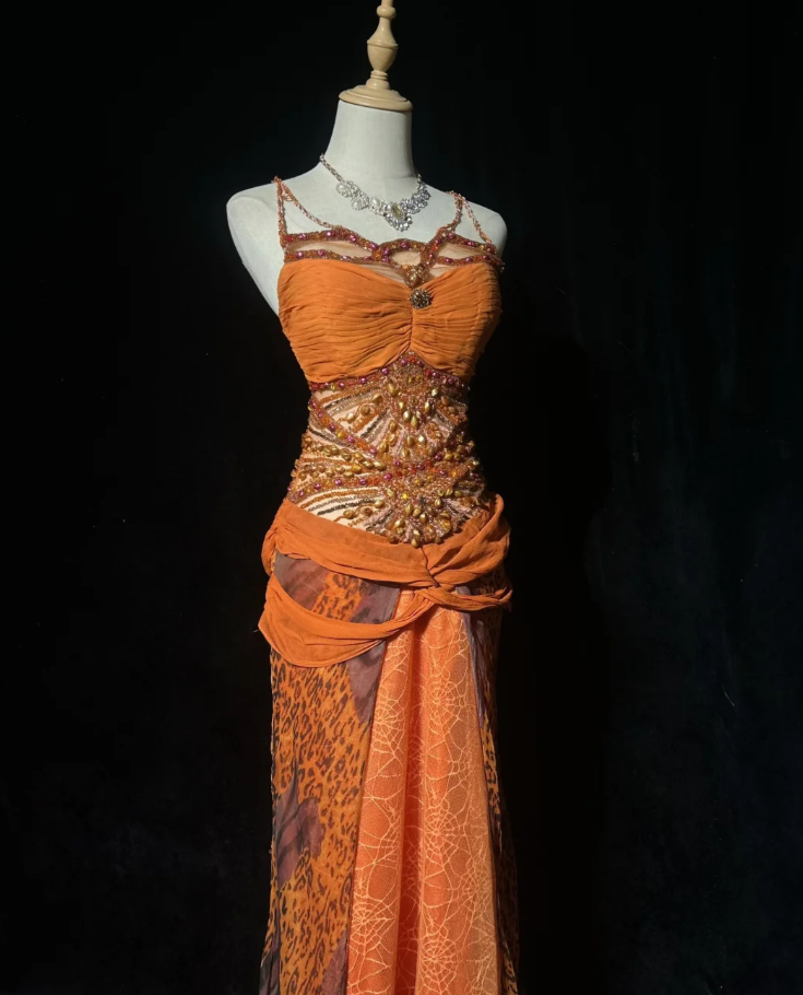 Elegant Spaghetti Straps Chiffon Lace Beaded Mermaid Evening Dress Orange Long Party Gowns D1934
