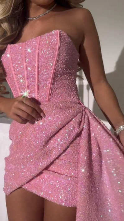 Sparkly Pink Strapless Sequin Pleated Short Homecoming Dress Cocktail Dress D4026