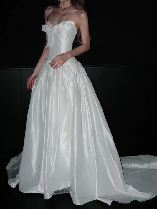 Pretty White Bow Strapless Satin Long Wedding Dress Formal Bridal Dress D1968