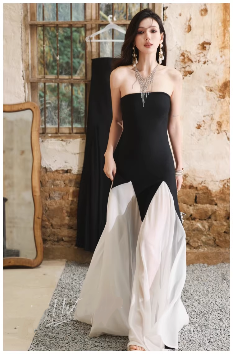 Pretty Strapless Satin Chiffon Mermaid Long Evening Dress Formal 17th Birthday Outfits D2444