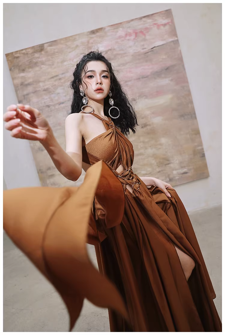 Sexy Halter Caramel Backless Satin Long party Dress Evening Gown D2419