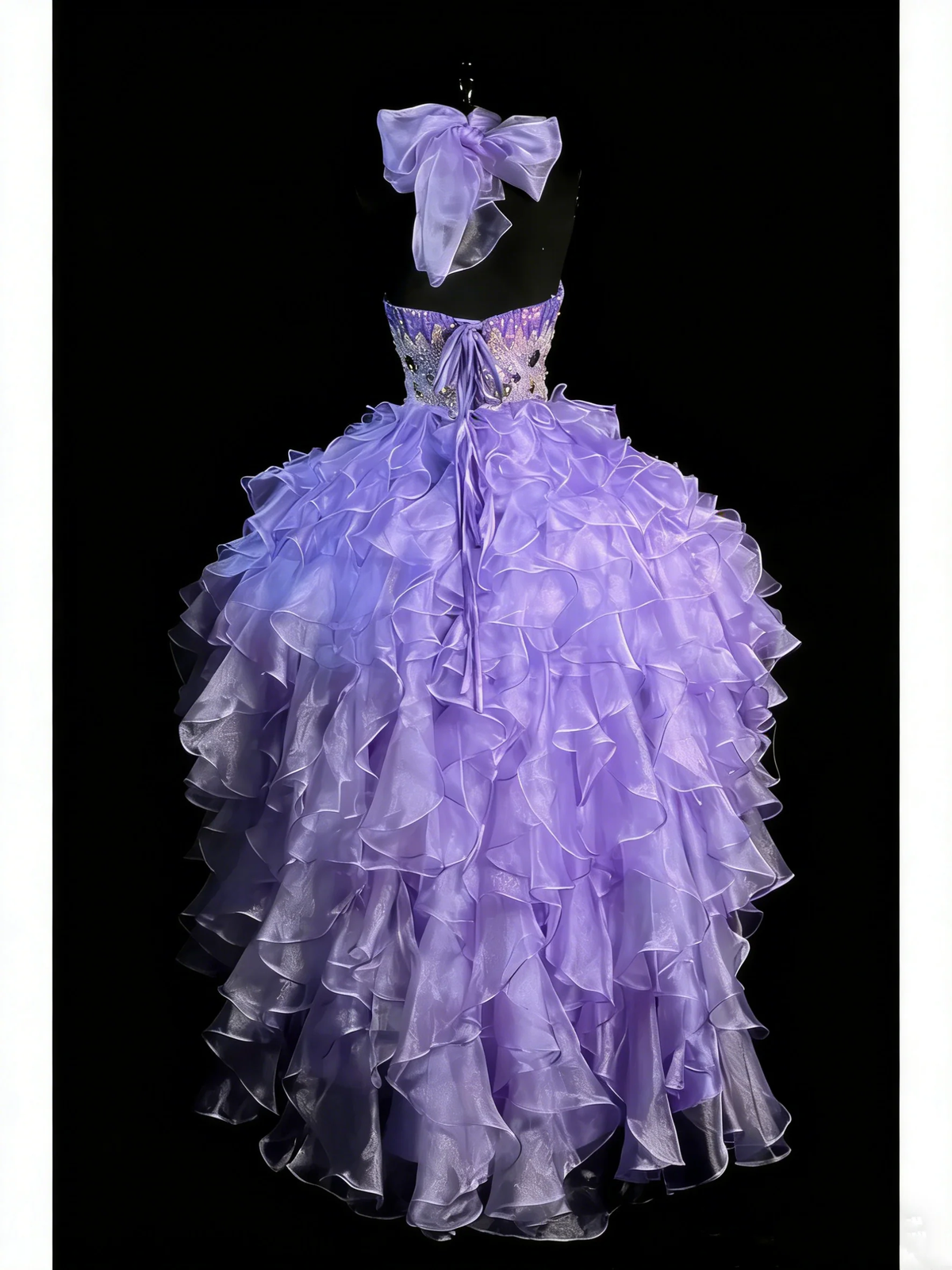Princess Sweetheart Neck Lilac Sequin Beaded Tulle Ruffle Tiered High Low Long Evening Dress Birthday Party Gown D4881