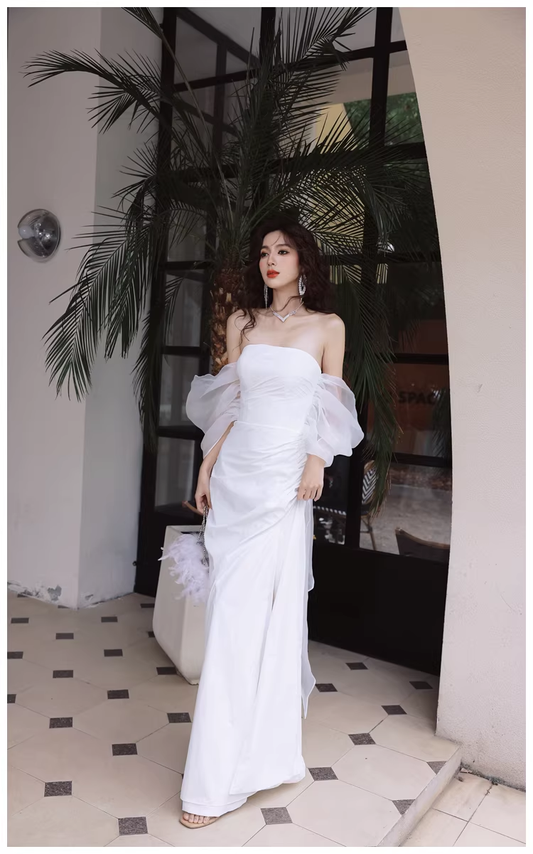 Classy Off The Shoulder White Satin Slit Mermaid Long Party Dress Birthday Evening Dress D2421