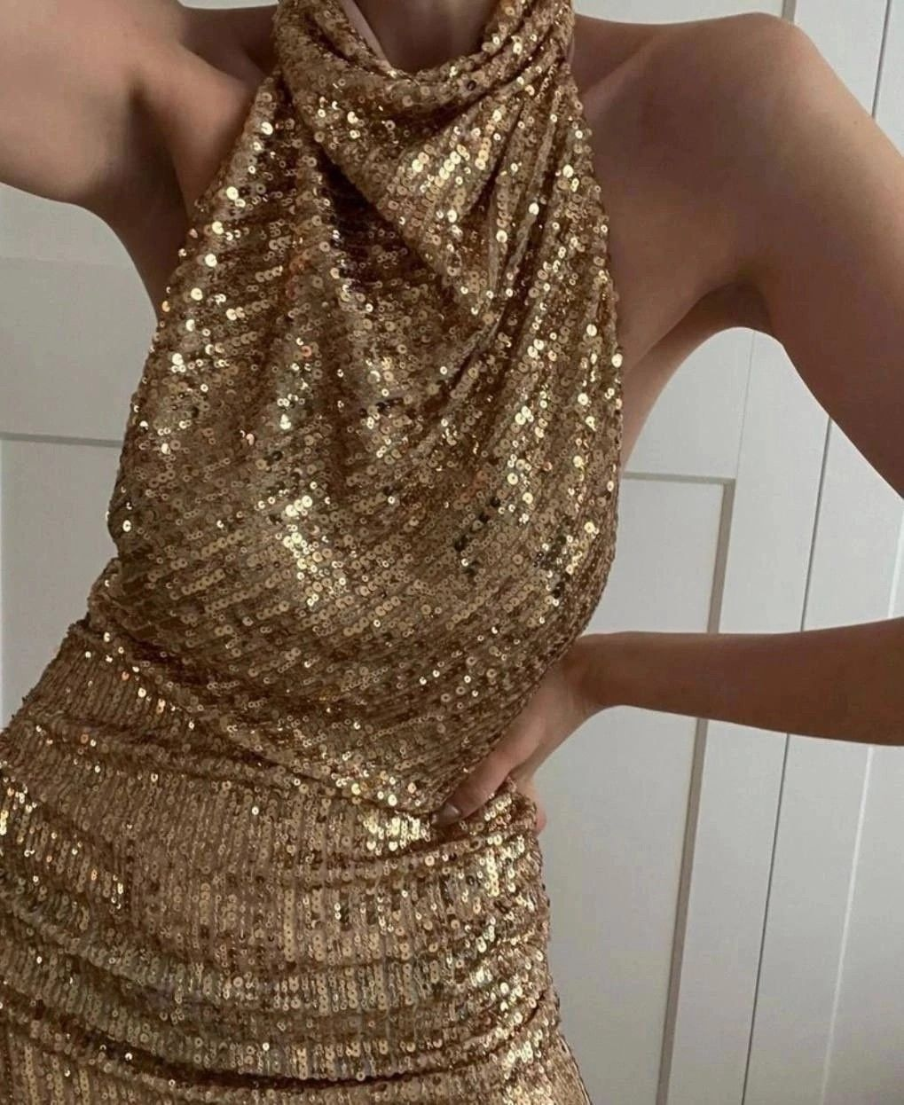Fashion Gold Halter Sequin Sheath Short Cocktail Dress ,Formal Graduation Homecoming Dress D3045