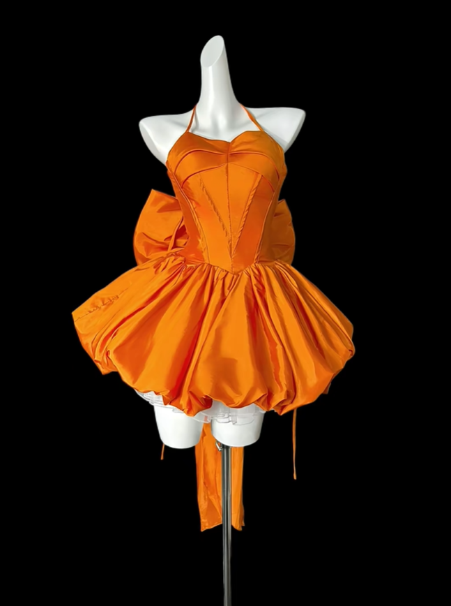 Fashion Orange Halter Satin A Line Short Homecoming Dress Birthday Dress With Bow D4162