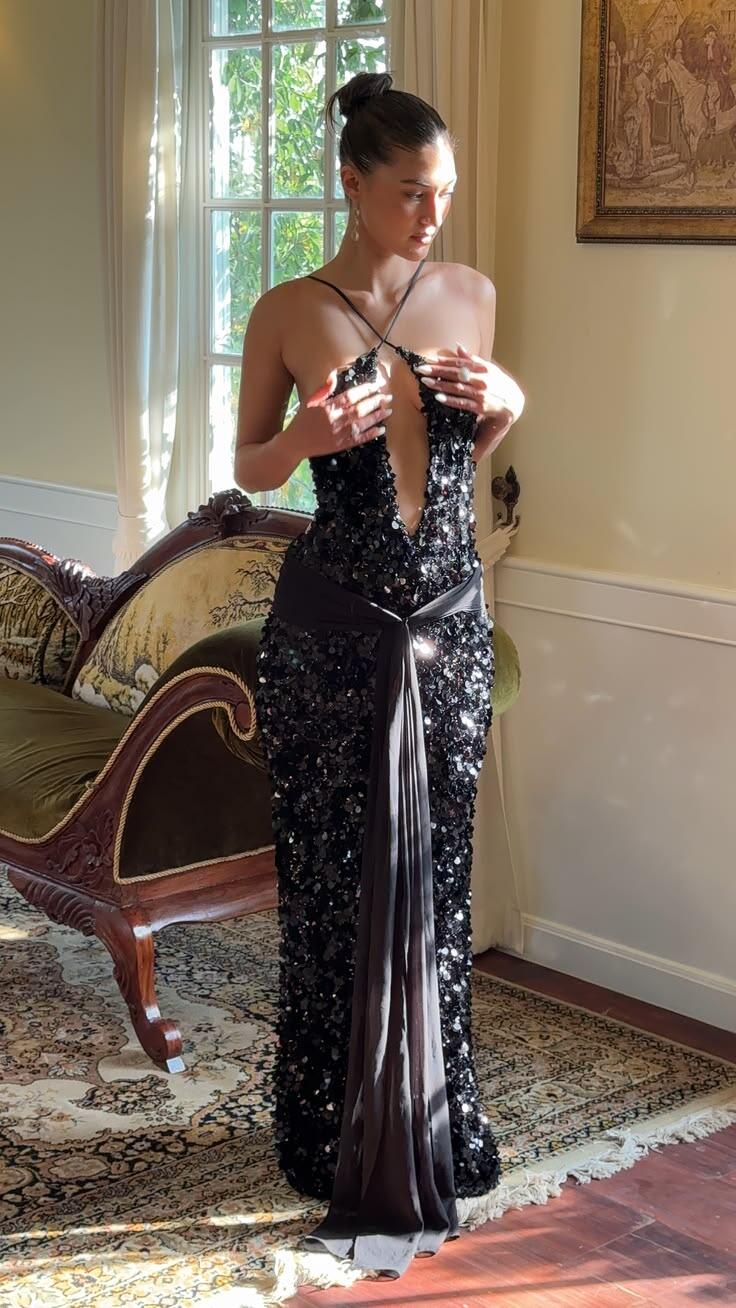 Classy Black Sequin Sleeveless Long Party Dress Birthday Evening Dress D5202
