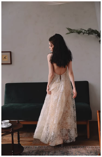 Elegant Sleeveless Lace Backless Long Birthday Party Dress Evening Gown D2439