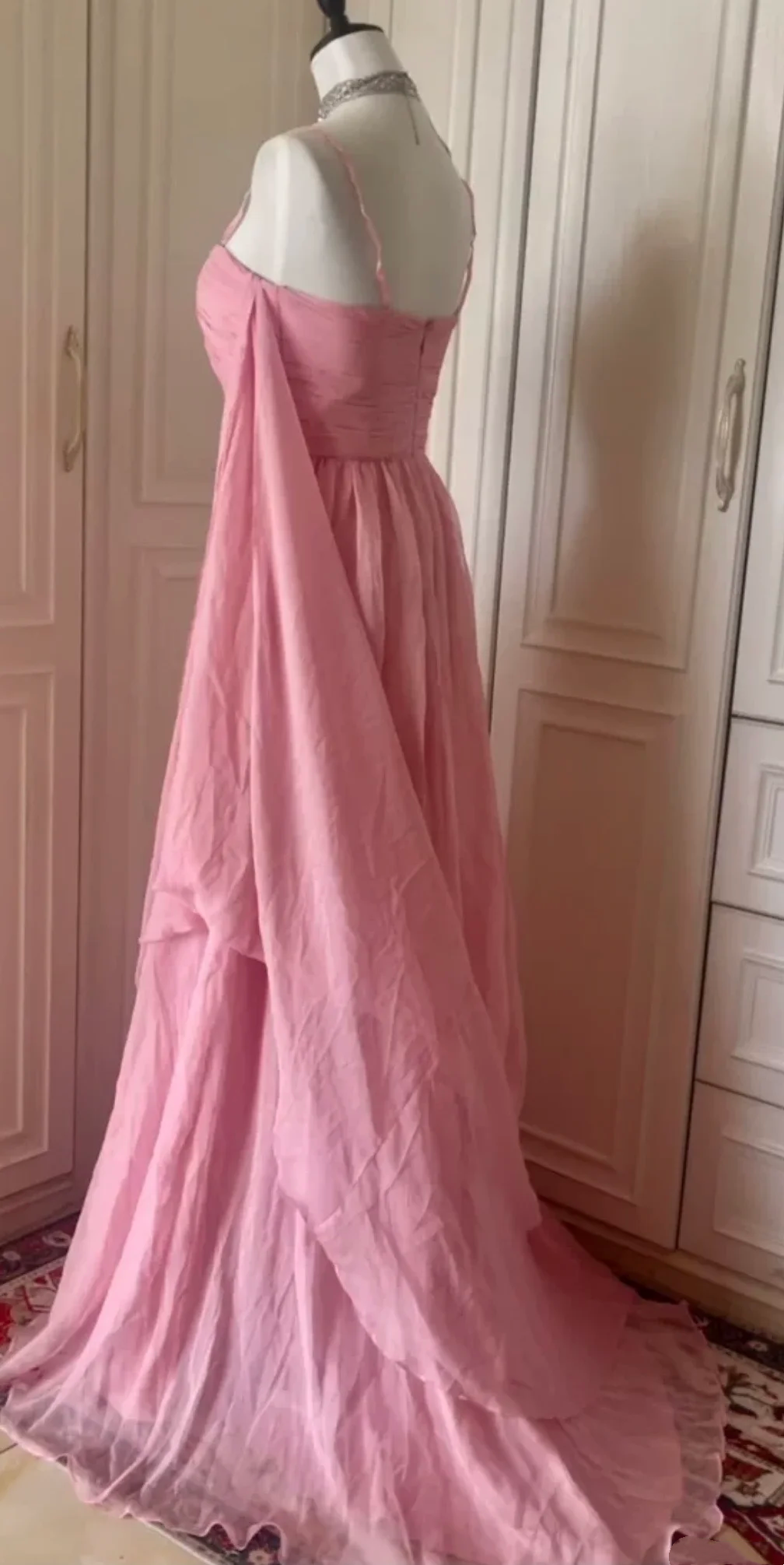 Pretty Spaghetti Straps Pink Chiffon Pleated Beaded Mermaid Long Evening Dress Prom Dress D3099