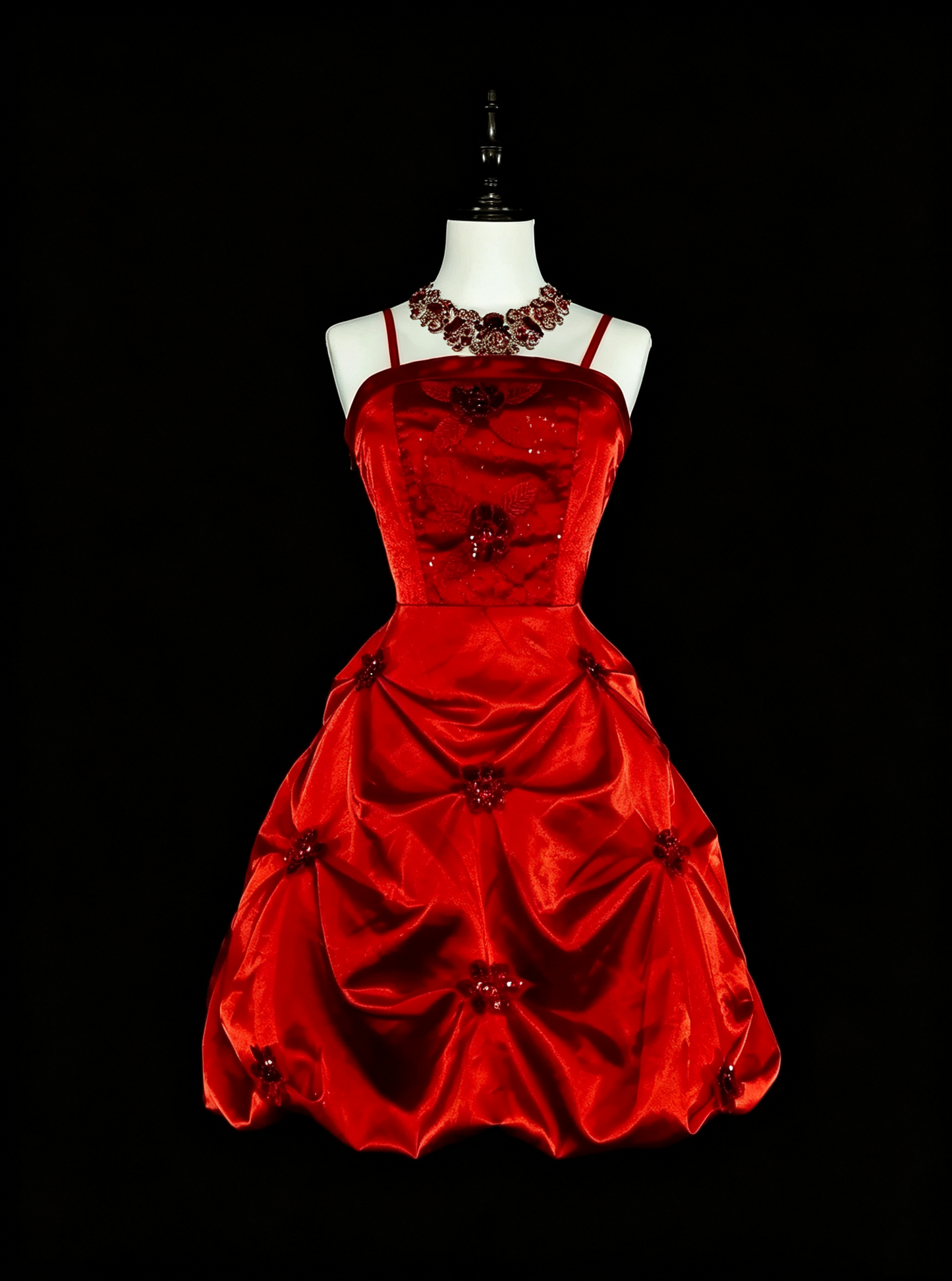 Pretty Red Satin Sequin Floral A Line Short 18th Birthday Outfits,Spaghetti Straps Mini Graduation Homecoming Dress D4043