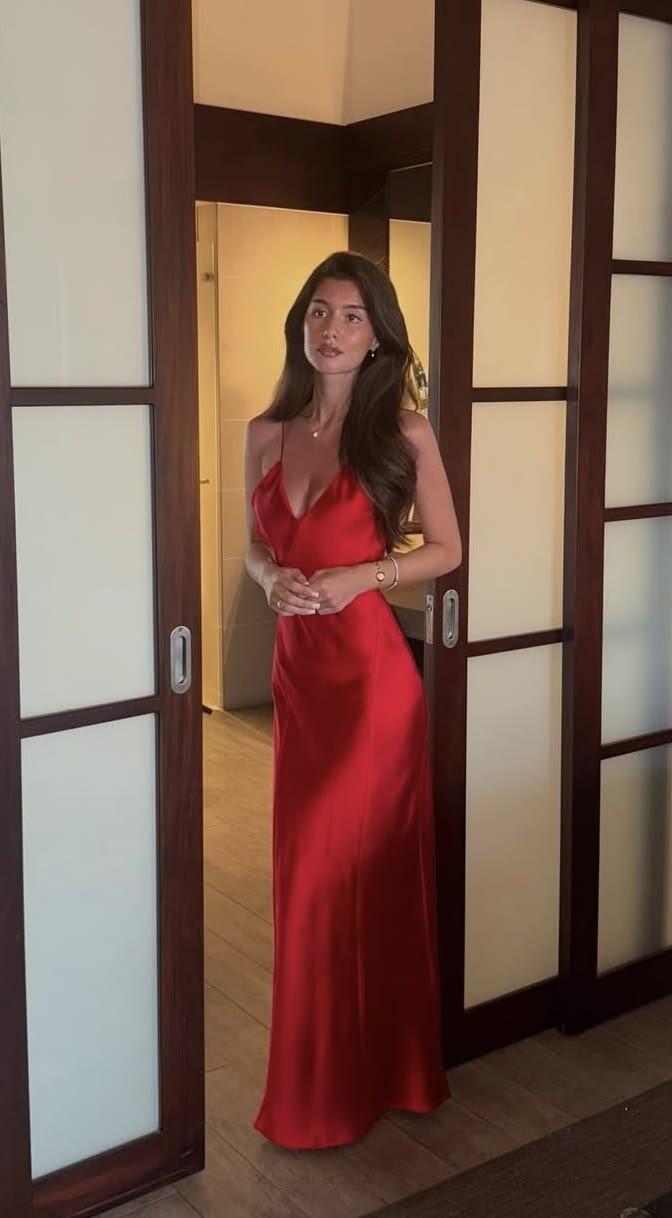 Fashion Spaghetti Straps Satin Party Dress Red Long Evening Gown D5313