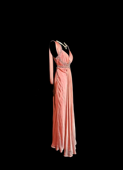 Elegant Peach Pink V-Neck Long Prom Dress Beaded Backless Mermaid Long Party Dress D4737