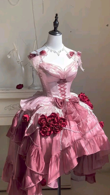 Beautiful Rose Pink Chiffon Ruffle Short Party Dress Formal Homecoming Dress Birthday Outfits D283