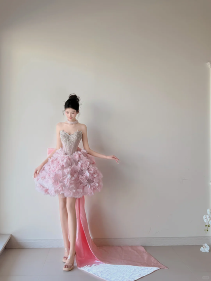 Glamorous Pink Strapless Beaded Tulle Petals A Line Short Homecoming Dress Birthday Outfits D3134
