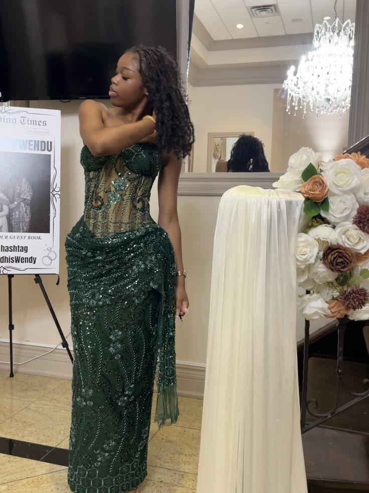 Charming Emerald Green Tulle Sequin Beaded Sheath Long Party Dress Prom Dress D5061