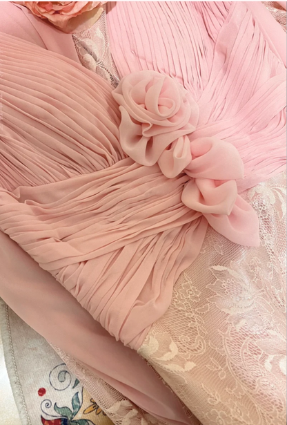 Classy V Neck Pink Lace Chiffon Mermaid Long Wedding Guest Dress Formal Prom Dress Party Gown D2134