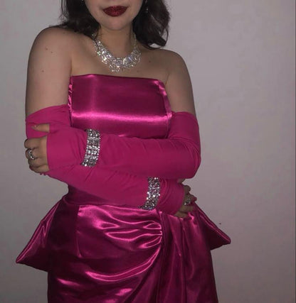 Fashion Hot Pink strapless Satin Short Graduation Homecoming Dress Birthday Outfits With Bow D4433