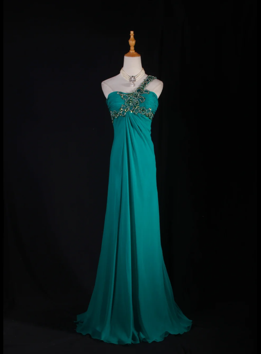 Unique One Shoulder Green Beaded Chiffon Mermaid Long Party Dress Formal Wedding Guest Dress D2242
