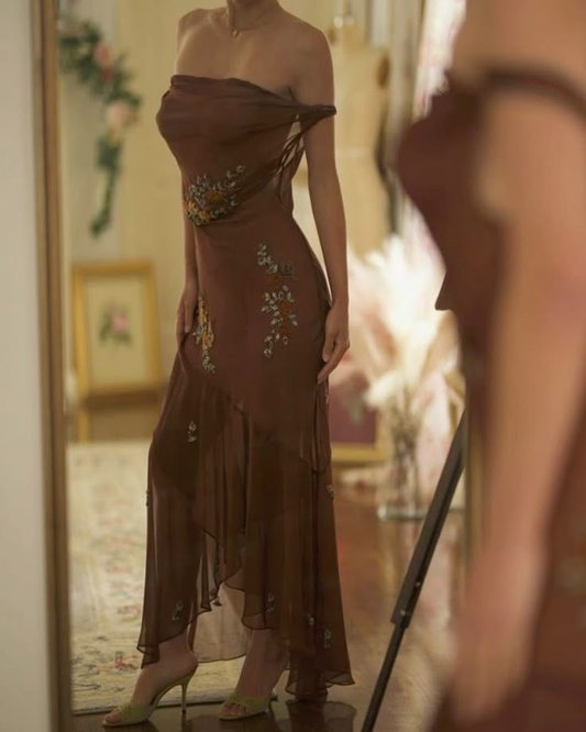 Elegant Off The Shoulder Brown Chiffon Beaded Mermaid Party Dress Long Evening Gown Birthday Dress D1855
