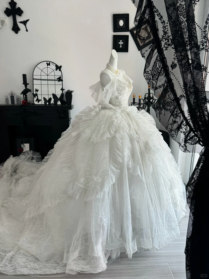Fairy Spaghetti Straps White Tulle Ruffle Beaded Long Wedding Dress Bridal Dress D3696