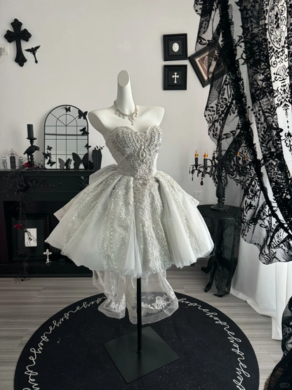 Glitter White Sweetheart Neck Tulle Sequin Beaded Short 21st Birthday Outfits Homecoming Dress D3707