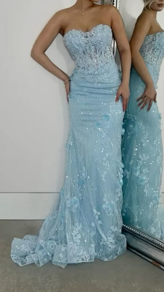 Charming Sweetheart Neck Blue Tulle Sequin Appliques Mermaid Prom Dress Party Dress D1263