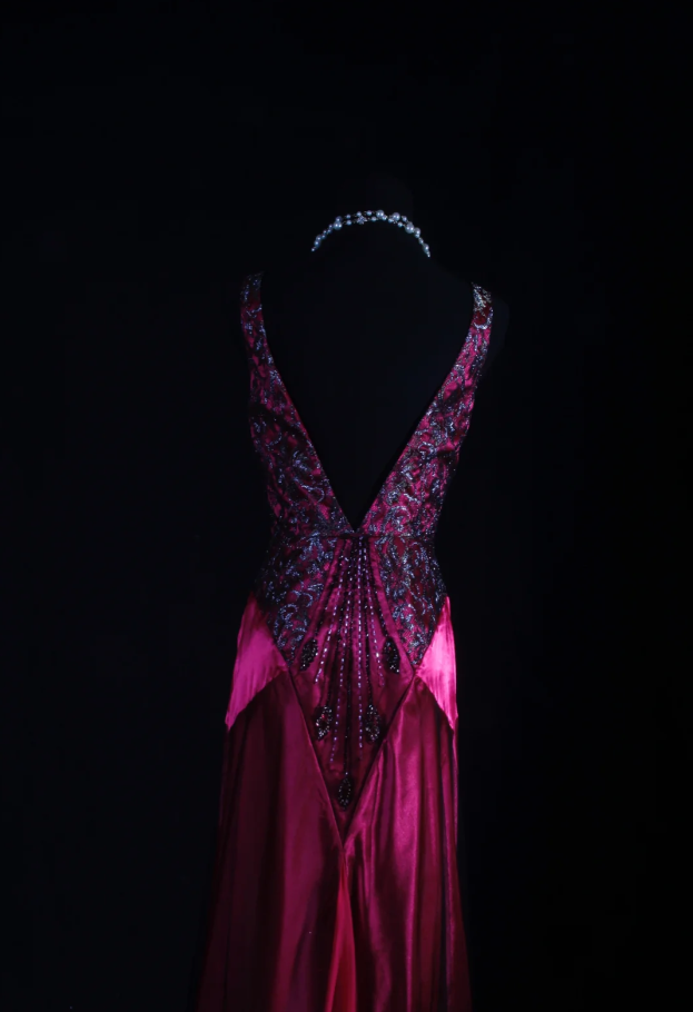 Charming V Neck Hot Pink Satin Beaded Mermaid Long Party Dress Birthday Evening Gown D2221