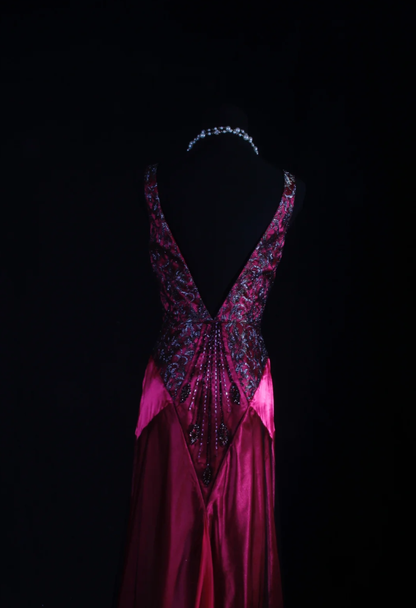 Charming V Neck Hot Pink Satin Beaded Mermaid Long Party Dress Birthday Evening Gown D2221