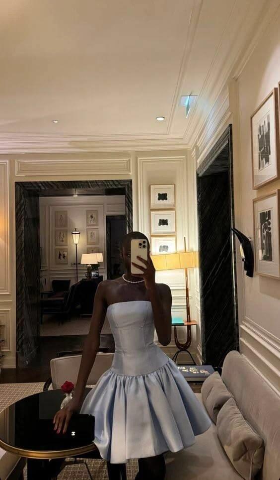 Fashion Light Blue Satin A Line Short Graduation Homecoming Dress,Strapless Short Party Dress D3688