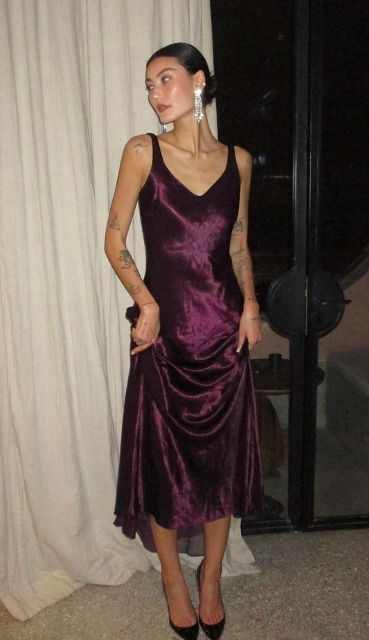 Classy V Neck Dark Purple Satin Mermaid Long Party Dress Birthday Prom Dress D3482