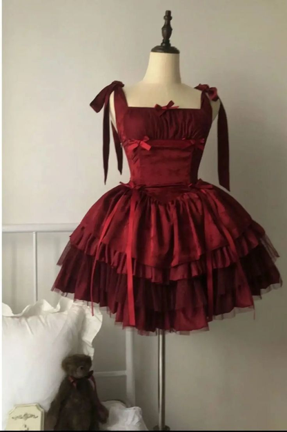 Vintage Burgundy Tulle Layered Bow Mini Birthday Outfits A Line Homeco