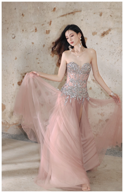 Pretty Pink Sweetheart Neck Tulle Sequin A Line Slit Long Evening Dress Party Gown D2408