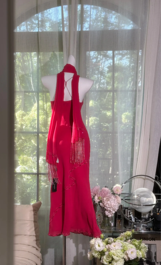 Classy Red Halter Chiffon Beaded Mermaid Long Evening Dress Birthday Party Dress D2091