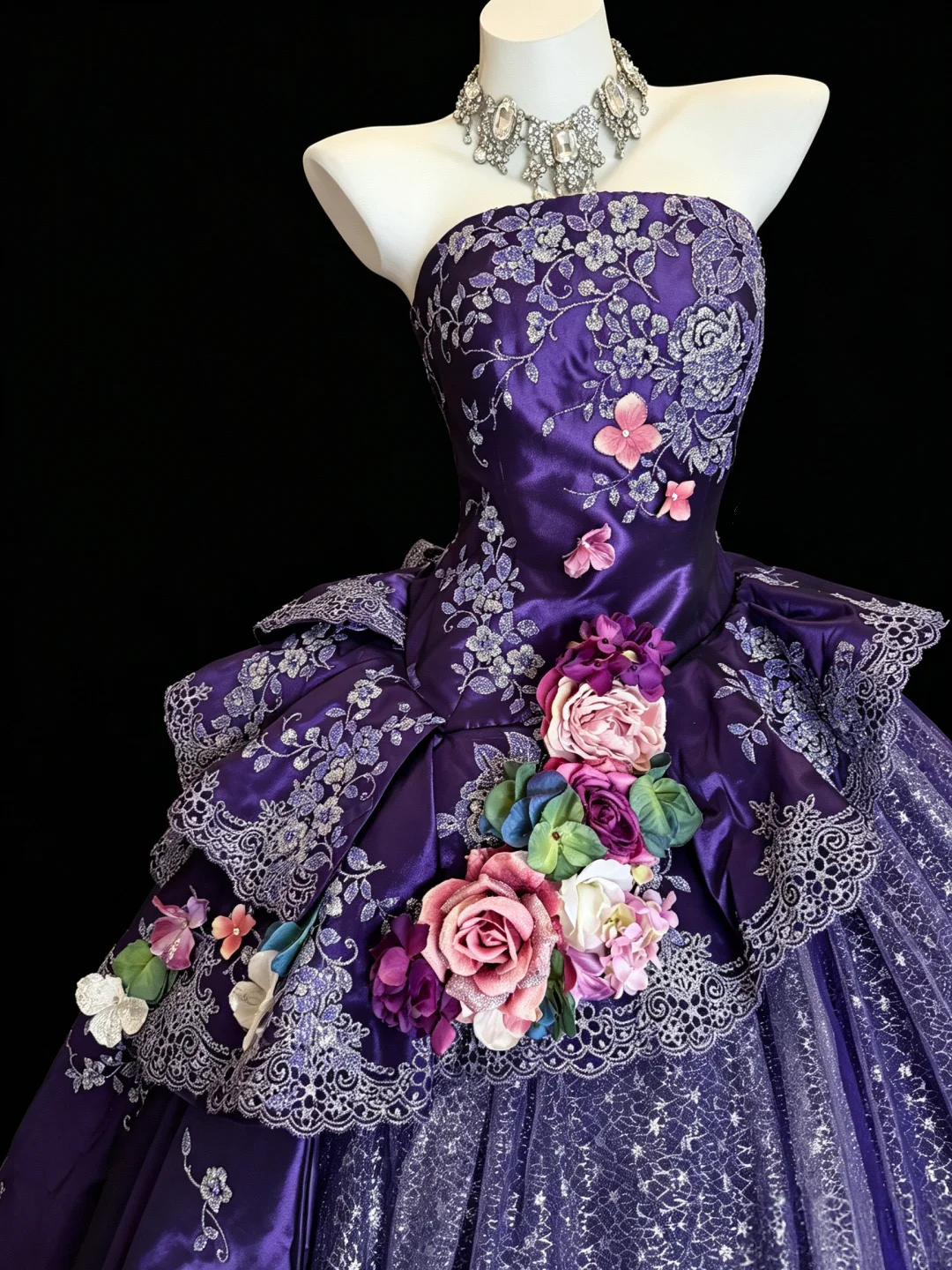 Retro Ball Gown Purple Satin Tulle Floral Birthday Quinceanera Dress With 3D Florals D5280