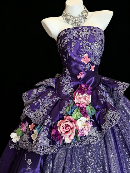 Retro Ball Gown Purple Satin Tulle Floral Birthday Quinceanera Dress With 3D Florals D5280