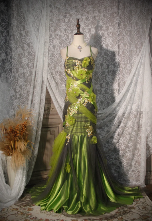 Vintage Green Spaghetti Straps Satin Tulle Appliques Mermaid Prom Dress Long Evening Dress D2250