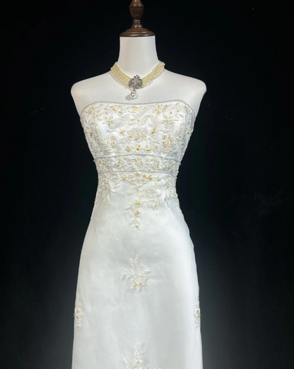 Pretty Strapless White Tulle Lace Beaded Mermaid Long Party Dress Evening Gown D2066