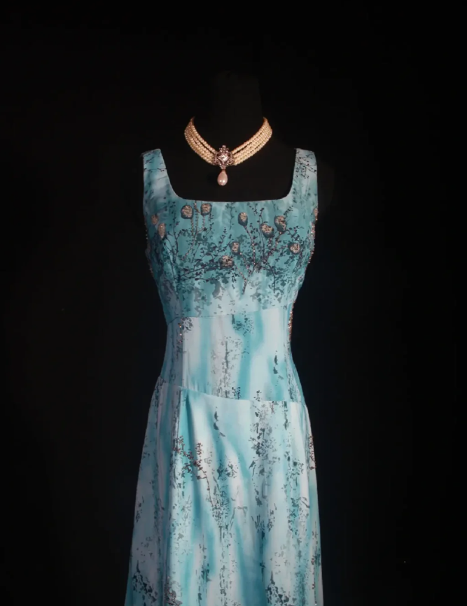 Vintage Square Neck Blue Chiffon Beaded Long Prom Dress Birthday Party Dress D2259